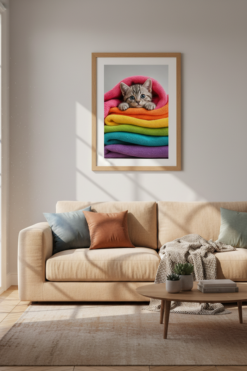 Cute Kitten in Rainbow Blankets Wall Art Print | Nursery Decor | Colorful Cat Poster