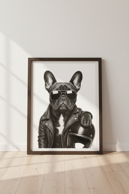 Cool French Bulldog Biker | Black and White Dog Art, Modern Office Decor