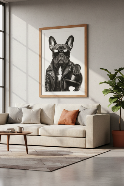 Cool French Bulldog Biker | Black and White Dog Art, Modern Office Decor