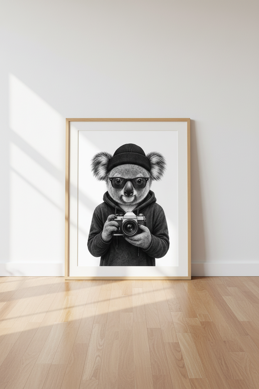 Hipster Koala Photographer Art | Black &amp; White Wall Decor | Modern Print