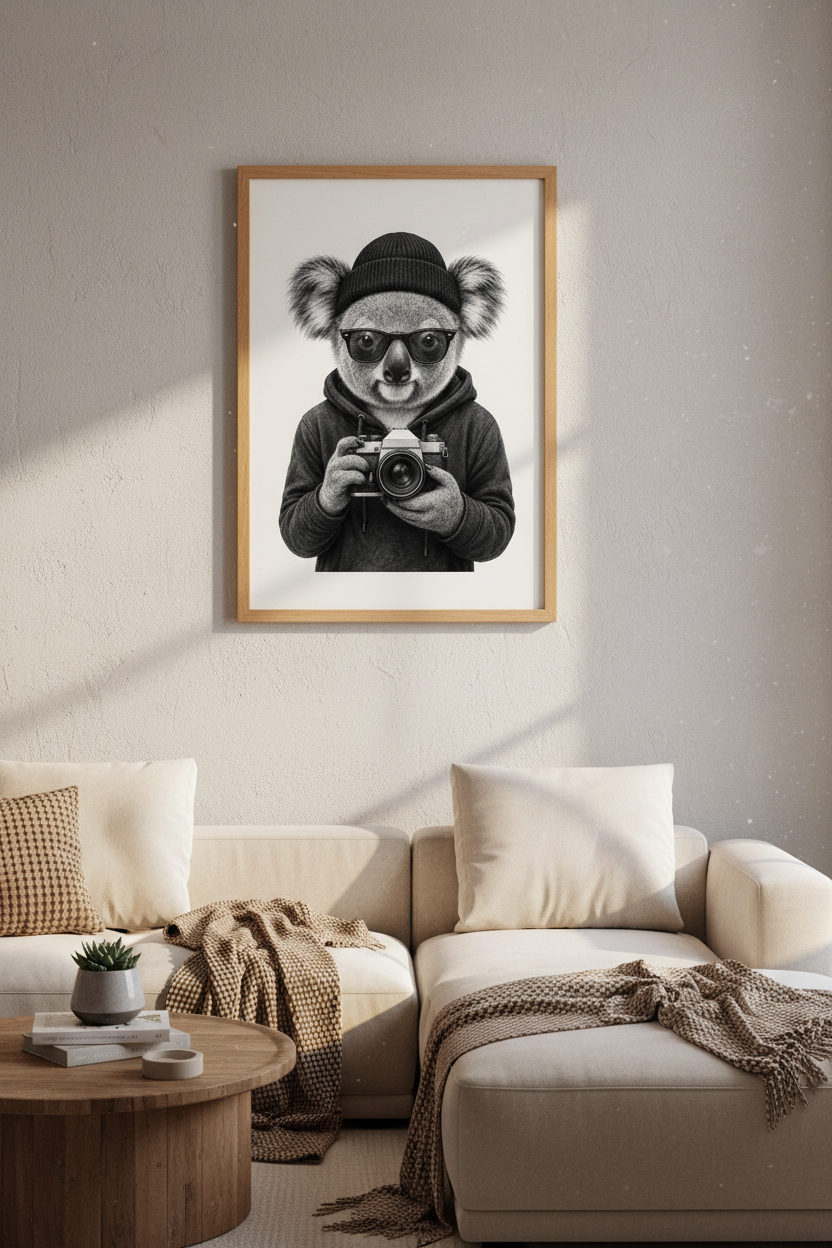 Hipster Koala Photographer Art | Black &amp; White Wall Decor | Modern Print