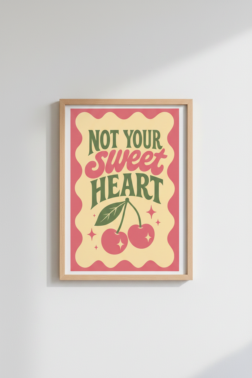 Not Your Sweetheart Cherry Wall Art | Retro Pink &amp; Green, Trendy Dorm Decor