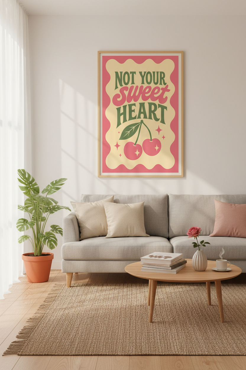 Not Your Sweetheart Cherry Wall Art | Retro Pink &amp; Green, Trendy Dorm Decor