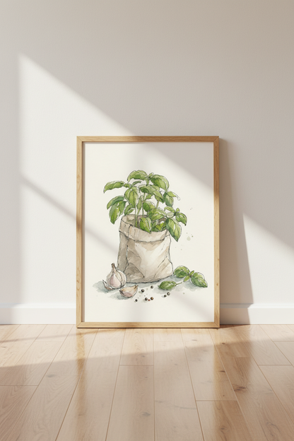 Basil and Garlic Watercolor Art | Kitchen Herb Print, Farmhouse Botanical Poster