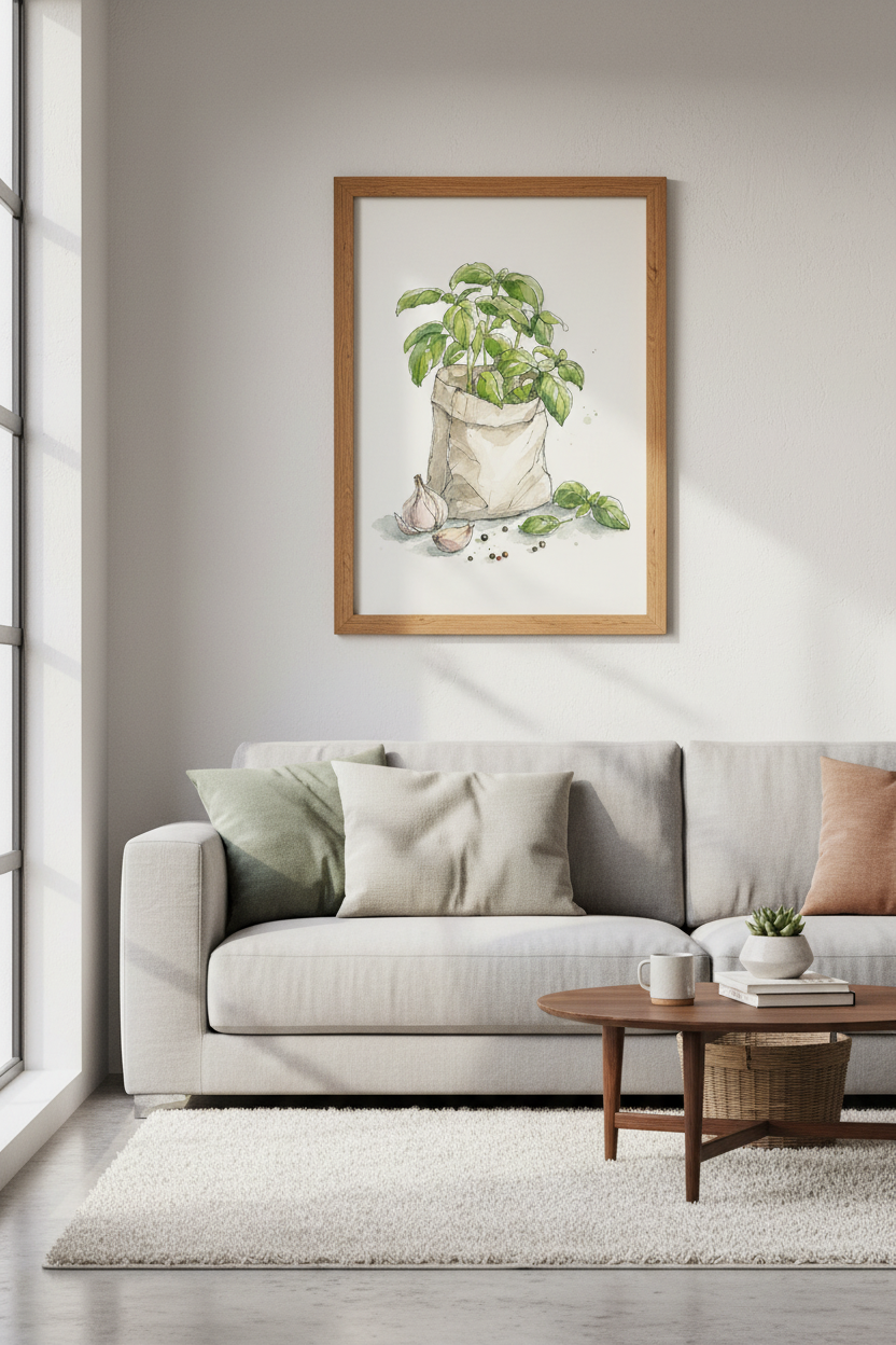 Basil and Garlic Watercolor Art | Kitchen Herb Print, Farmhouse Botanical Poster