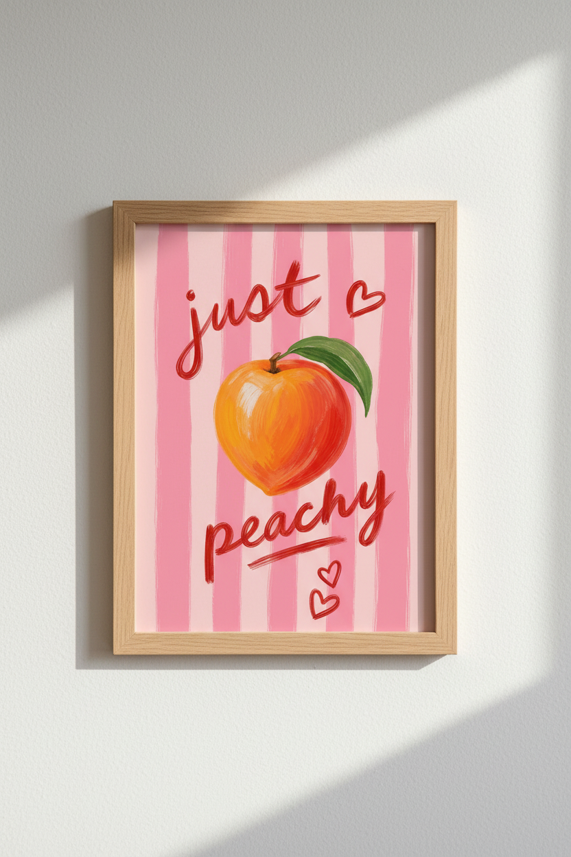 Preppy Peach Wall Art | Pink Stripe Fruit Poster, Trendy Dorm &amp; Kitchen Decor