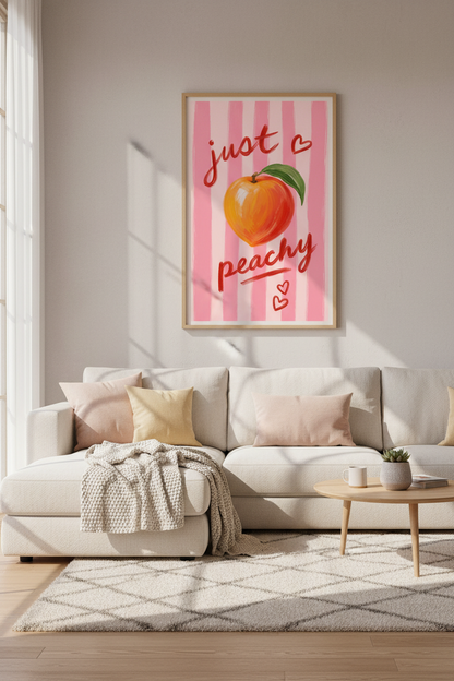 Preppy Peach Wall Art | Pink Stripe Fruit Poster, Trendy Dorm &amp; Kitchen Decor