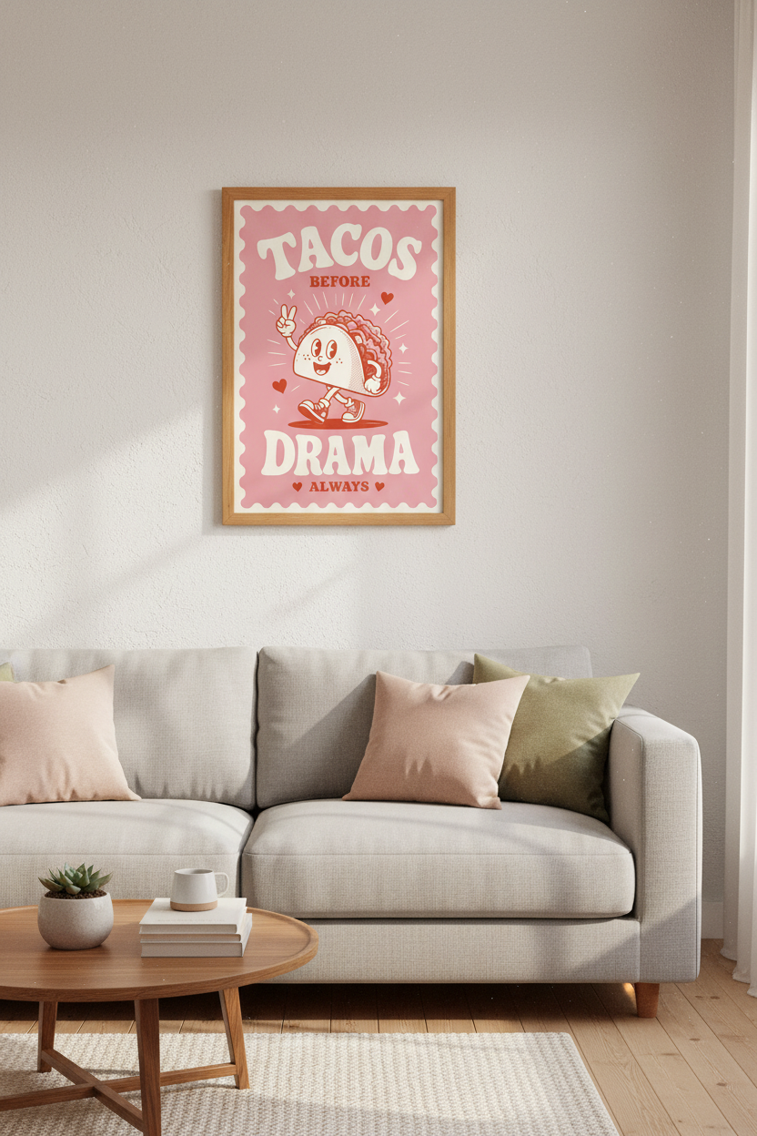 Retro Taco Cartoon Wall Art Print | Pink Kitchen Decor | Funny Aesthetic Poster