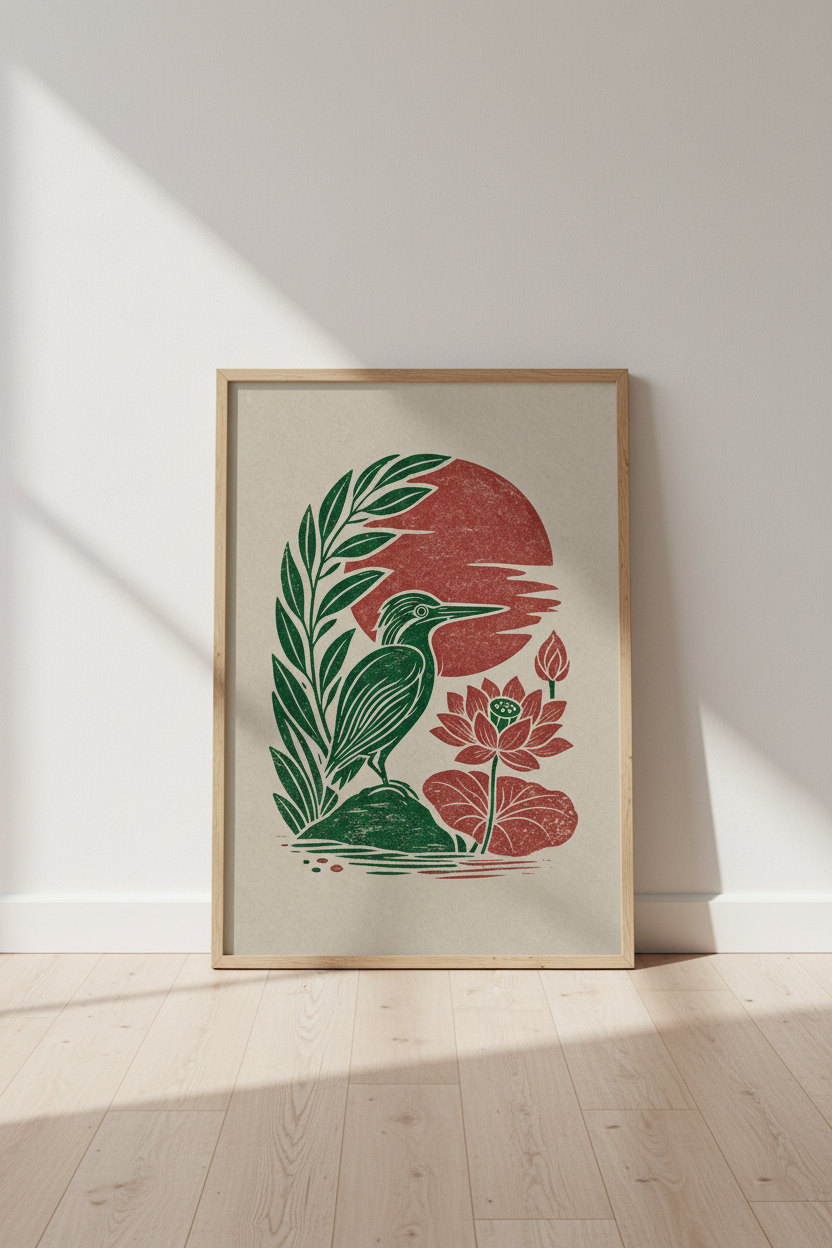 Japanese Crane &amp; Lotus Wall Art | Linocut Red Sun Print, Zen Bedroom Decor