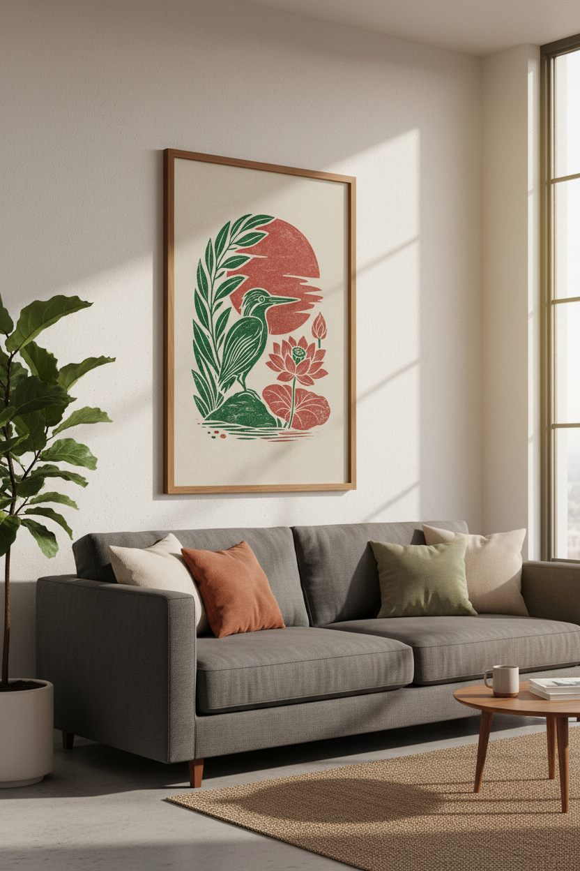 Japanese Crane &amp; Lotus Wall Art | Linocut Red Sun Print, Zen Bedroom Decor