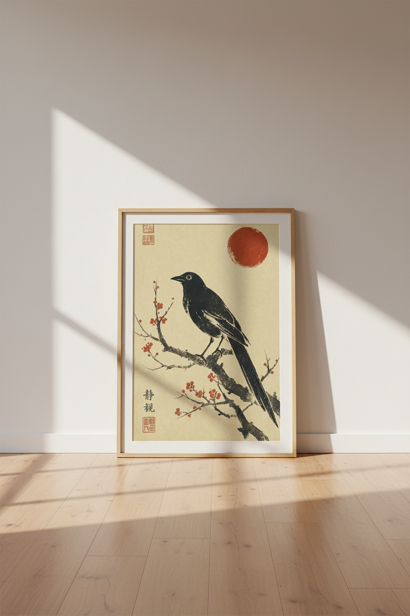 Japanese Crow Bird Wall Art | Red Sun Blossom Print, Zen Living Room Decor