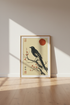 Japanese Crow Bird Wall Art | Red Sun Blossom Print, Zen Living Room Decor
