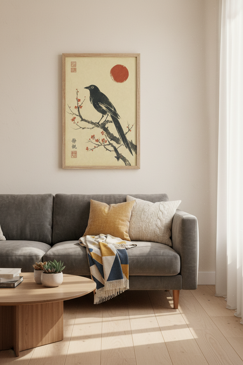 Japanese Crow Bird Wall Art | Red Sun Blossom Print, Zen Living Room Decor