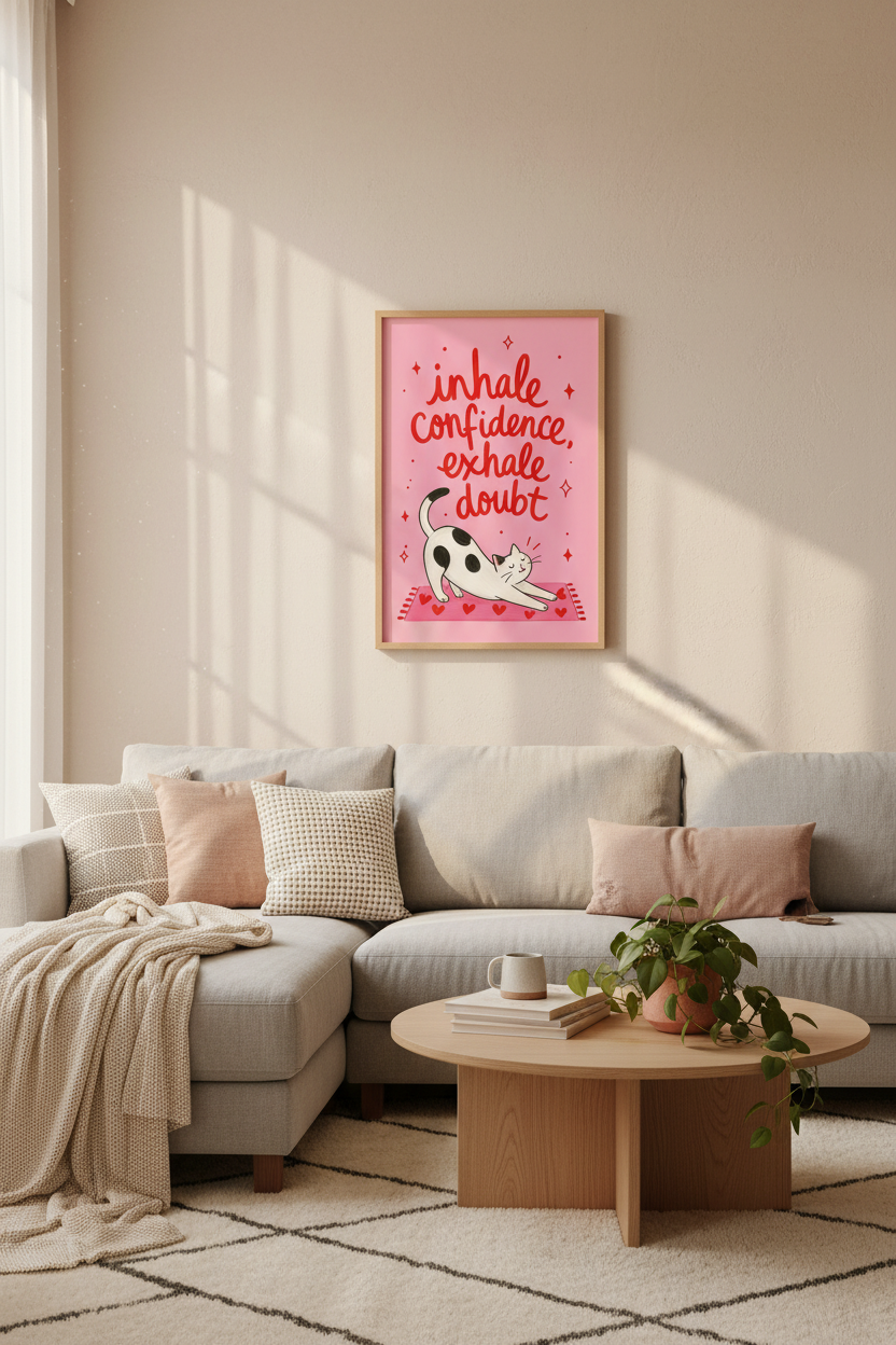 Cat Yoga Wall Art Print | Funny Affirmation Pink Poster | Yoga Studio Decor