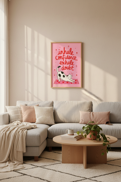 Cat Yoga Wall Art Print | Funny Affirmation Pink Poster | Yoga Studio Decor