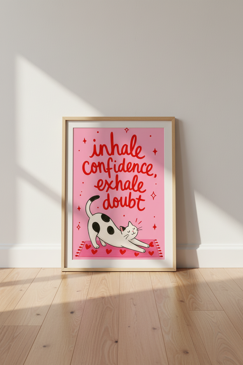 Cat Yoga Wall Art Print | Funny Affirmation Pink Poster | Yoga Studio Decor