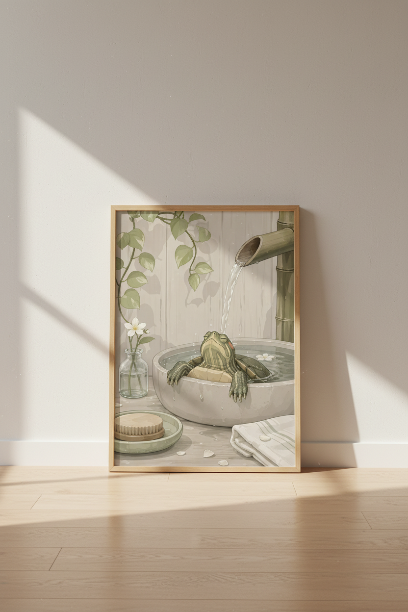 Turtle wall art | Soft watercolor greens, serene bathroom decor