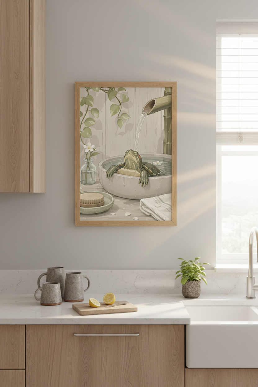 Turtle wall art | Soft watercolor greens, serene bathroom decor