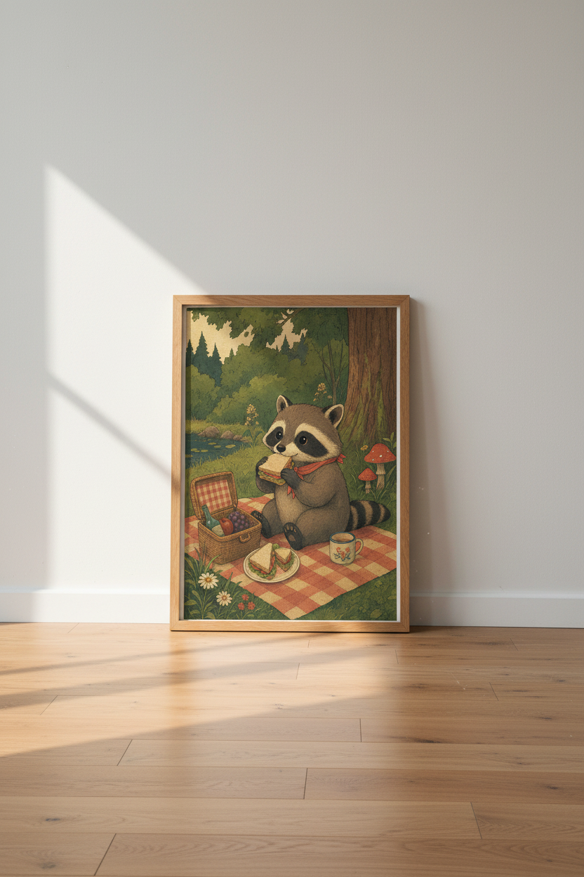 Raccoon Picnic Wall Art | Vintage Cottagecore Forest Print | Woodland Nursery Decor