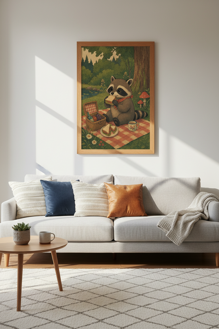 Raccoon Picnic Wall Art | Vintage Cottagecore Forest Print | Woodland Nursery Decor