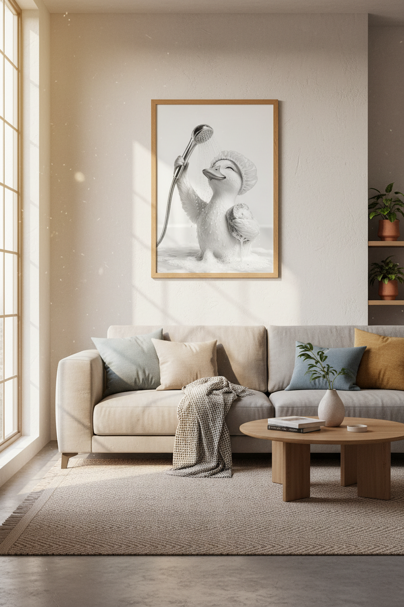 Funny Duck in Shower Wall Art | Black and White Bathroom Decor | Cute Animal Poster