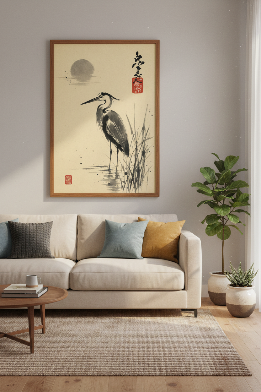 Japanese Heron Wall Art | Zen Ink Wash Poster, Minimalist Nature Home Decor