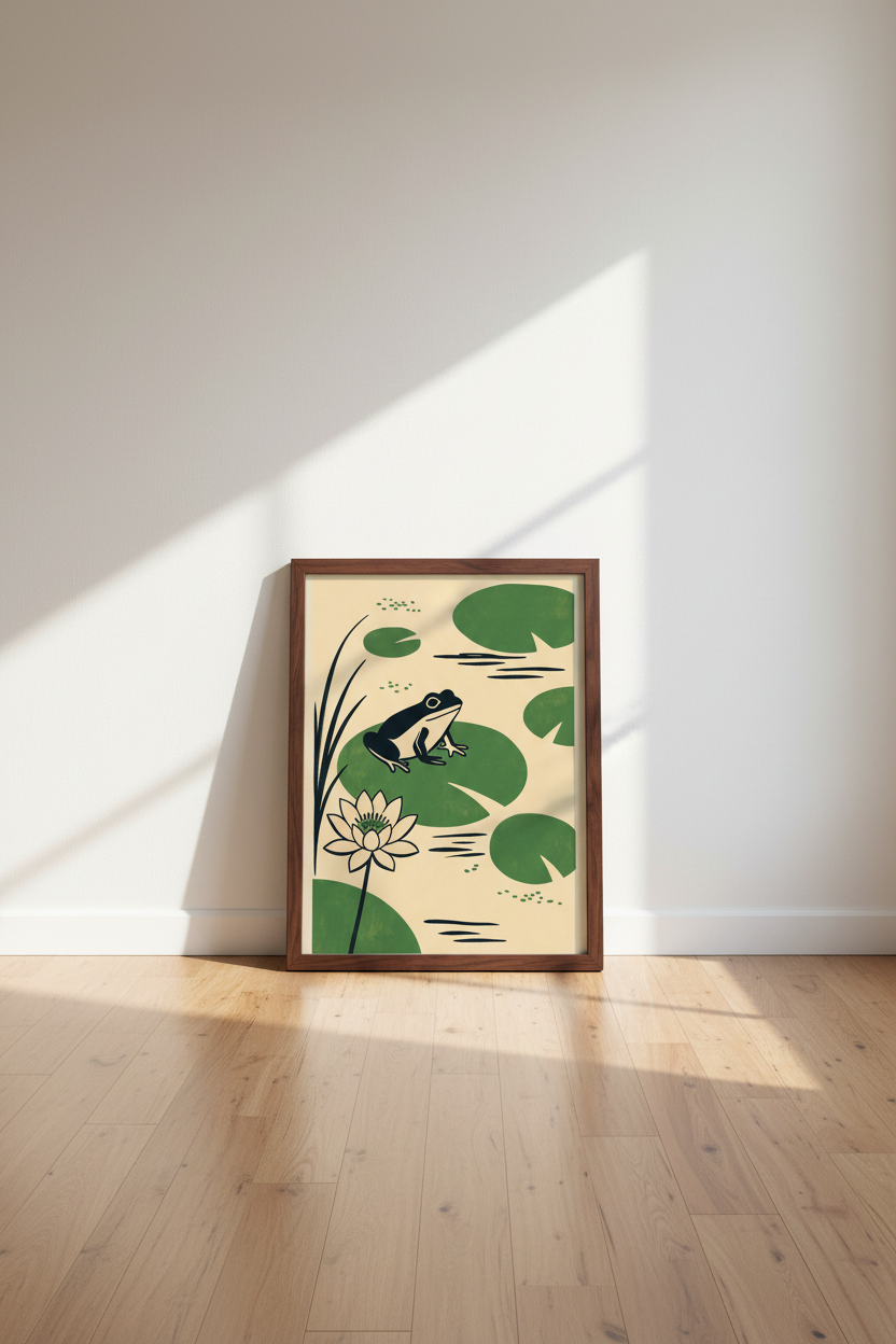 Frog Lily Pad Wall Art | Vintage Minimalist Pond Decor | Japandi Poster