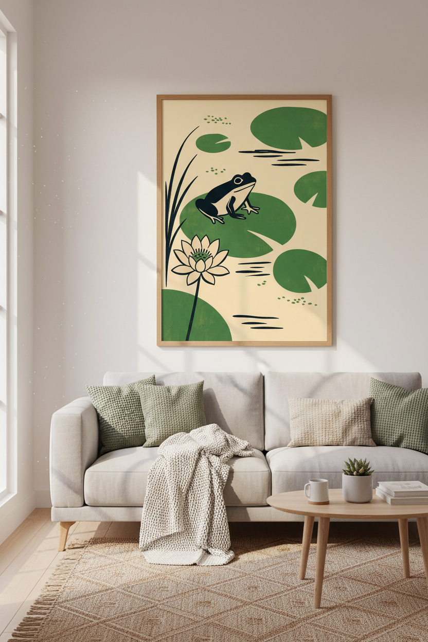 Frog Lily Pad Wall Art | Vintage Minimalist Pond Decor | Japandi Poster