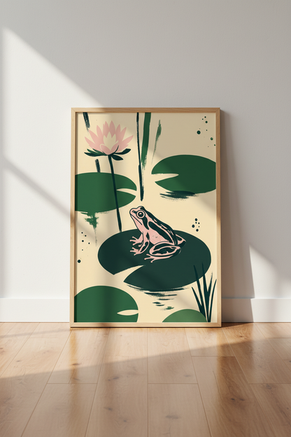 Frog on Lily Pad Wall Art Print | Pink Lotus Flower Decor | Japandi Nature Poster