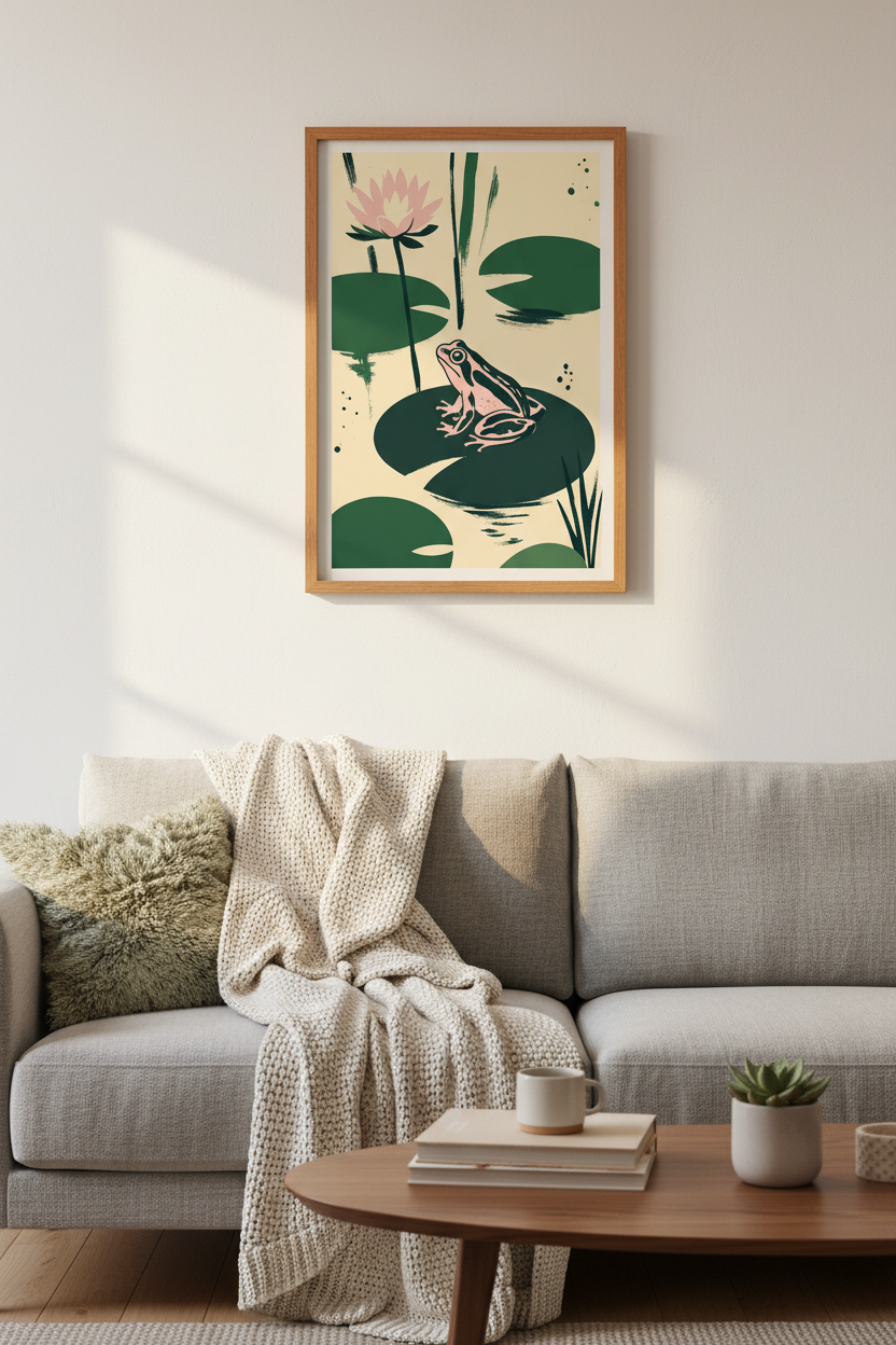 Frog on Lily Pad Wall Art Print | Pink Lotus Flower Decor | Japandi Nature Poster