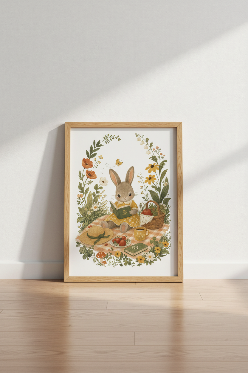 Cottagecore Bunny Picnic Wall Art | Nursery Storybook Decor | Vintage Aesthetic Poster