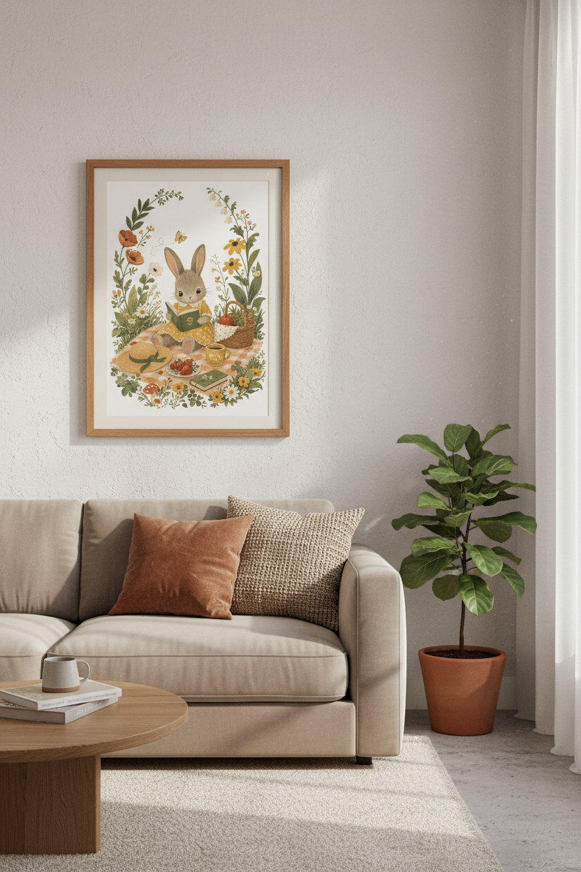 Cottagecore Bunny Picnic Wall Art | Nursery Storybook Decor | Vintage Aesthetic Poster
