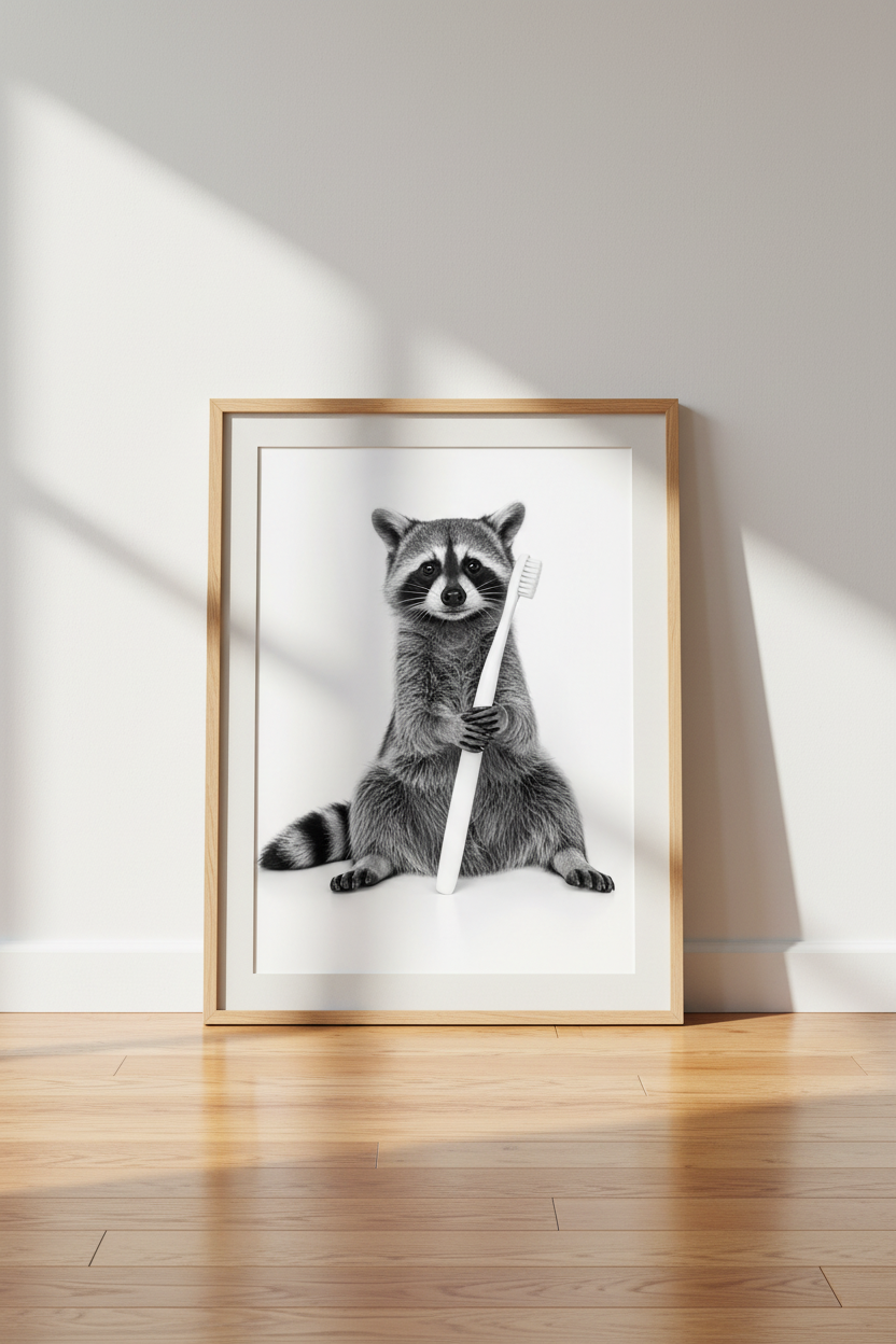 Funny Raccoon Brushing Teeth Wall Art | Bathroom Decor | Black and White Poster