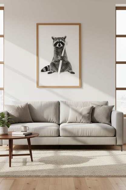 Funny Raccoon Brushing Teeth Wall Art | Bathroom Decor | Black and White Poster