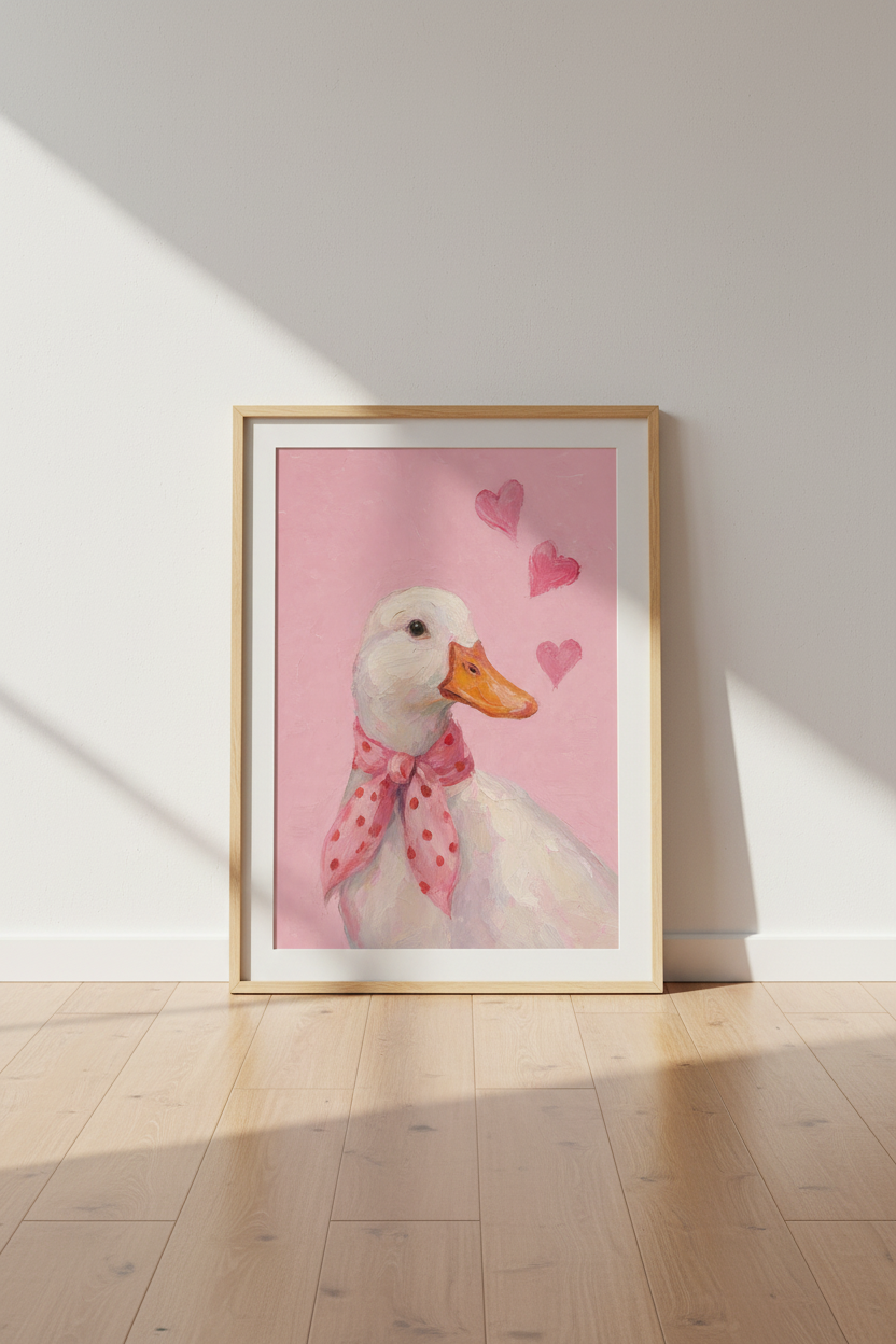 White Duck Oil Painting | Pink Coquette Heart Poster, Nursery &amp; Bedroom Decor
