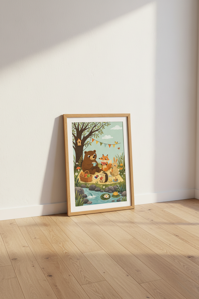 Woodland Animal Picnic Wall Art | Forest Friends Nursery Decor | Whimsical Poster