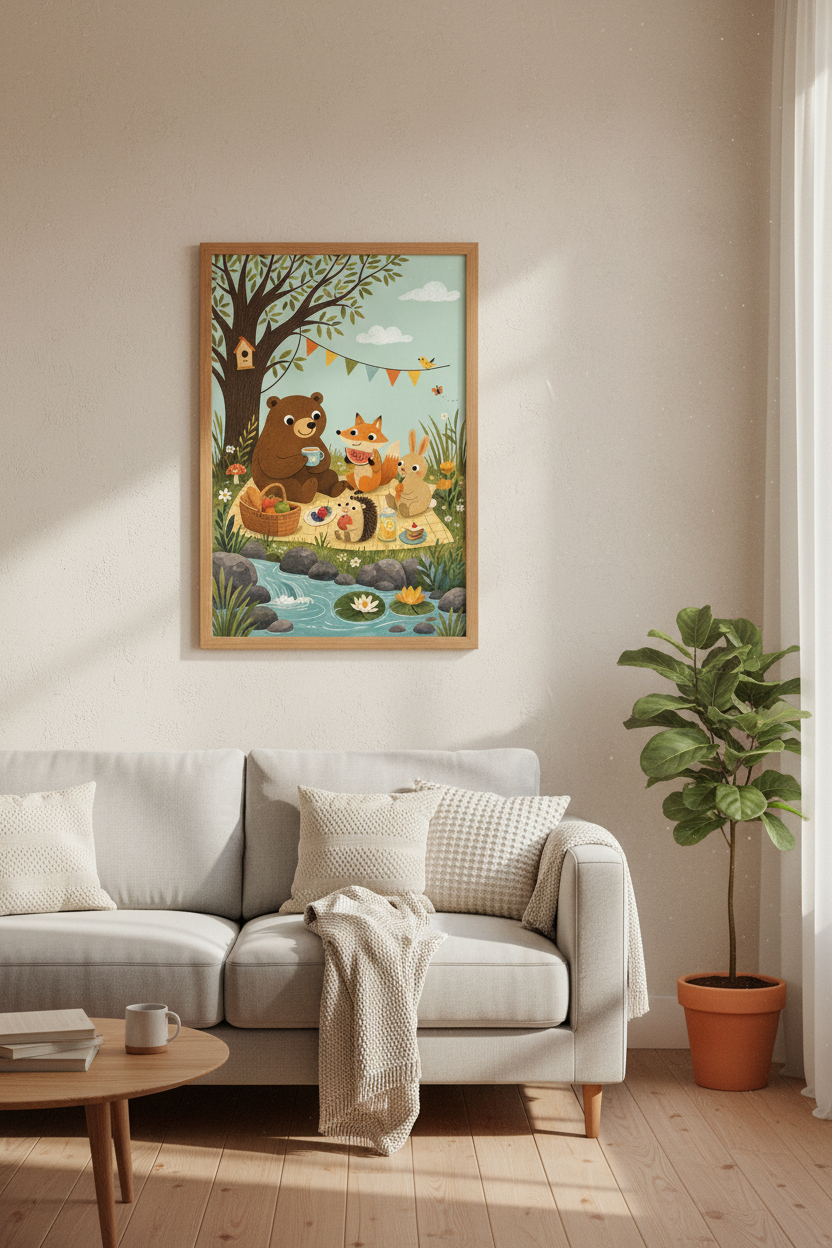 Woodland Animal Picnic Wall Art | Forest Friends Nursery Decor | Whimsical Poster