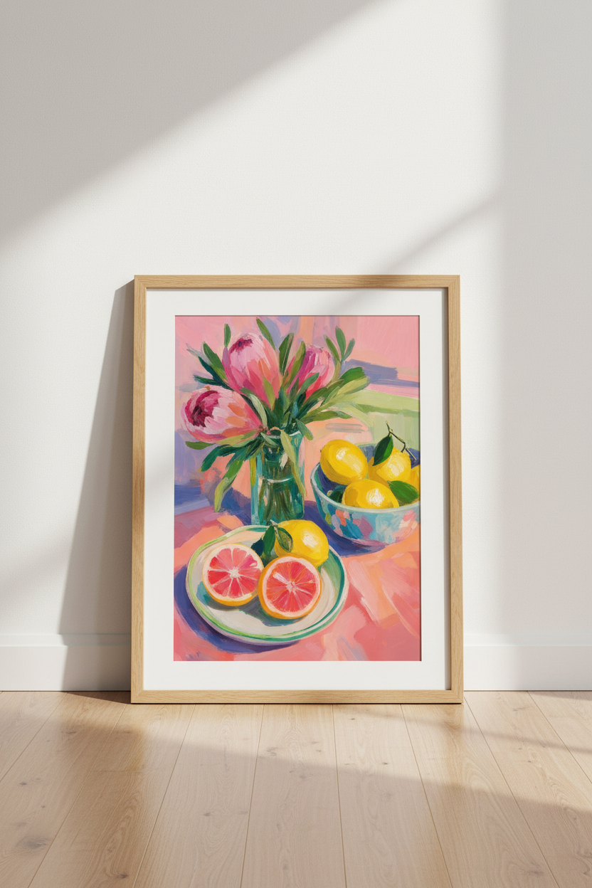 Protea &amp; Lemon Still Life Art | Pink Citrus Flower Poster, Kitchen Decor
