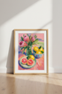 Protea & Lemon Still Life Art | Pink Citrus Flower Poster, Kitchen Decor