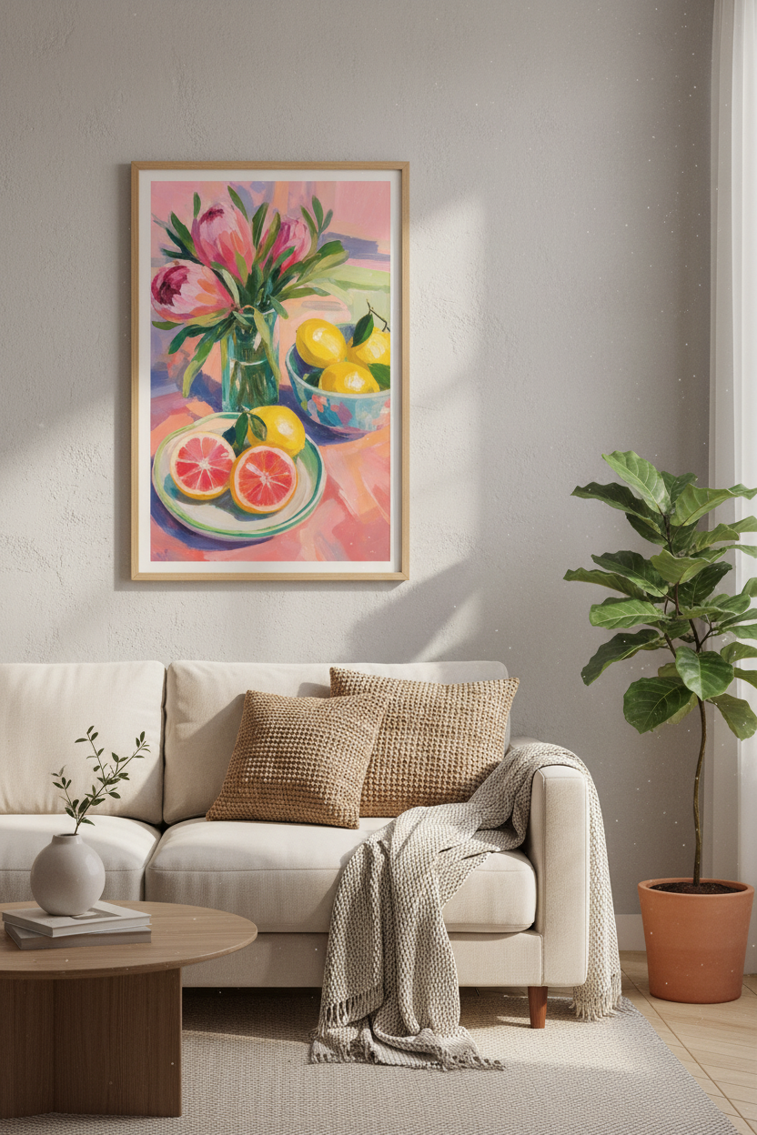 Protea &amp; Lemon Still Life Art | Pink Citrus Flower Poster, Kitchen Decor