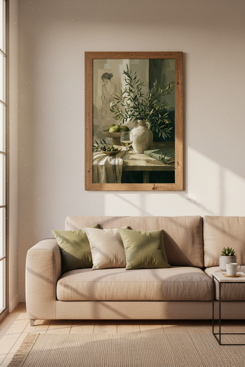 Mediterranean Still Life | Olive Branch &amp; Wine Oil Painting, Kitchen Wall Art