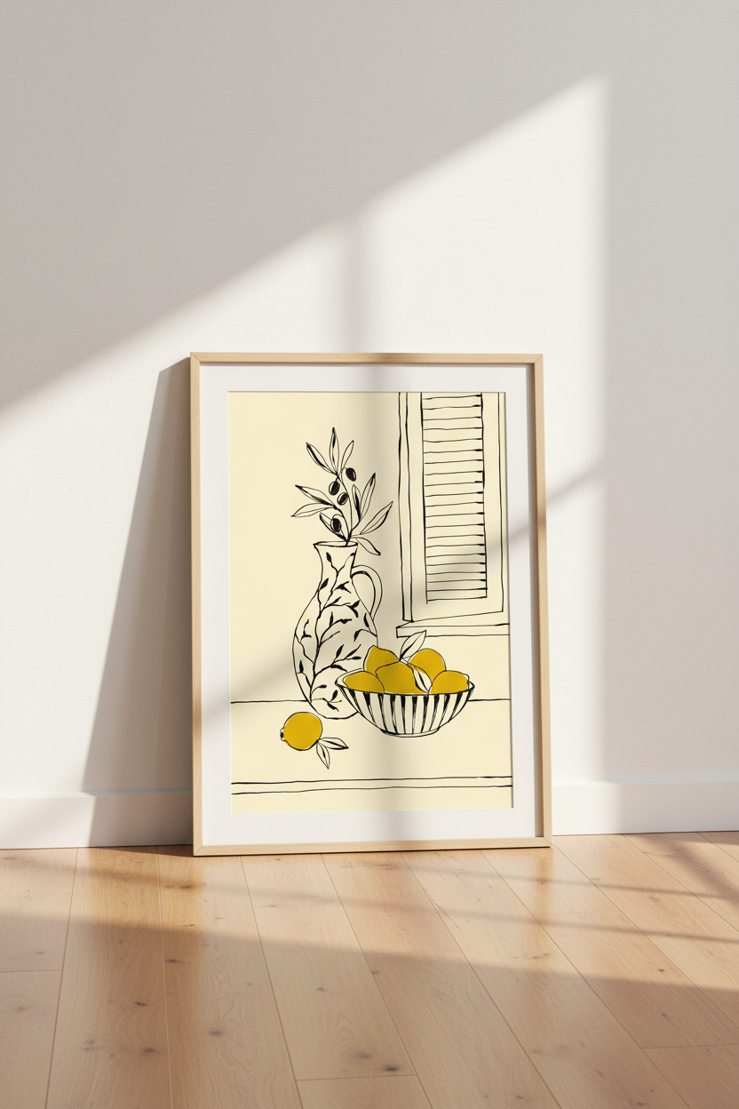 Lemon &amp; Olive Still Life Wall Art | Mediterranean Kitchen Decor | Minimalist Poster