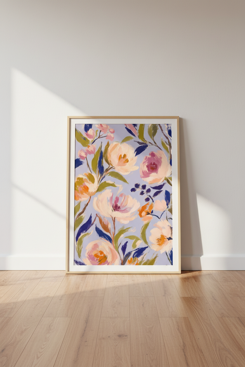 Abstract Floral Oil Painting | Pastel Lavender &amp; Pink Botanicals, Living Room Decor