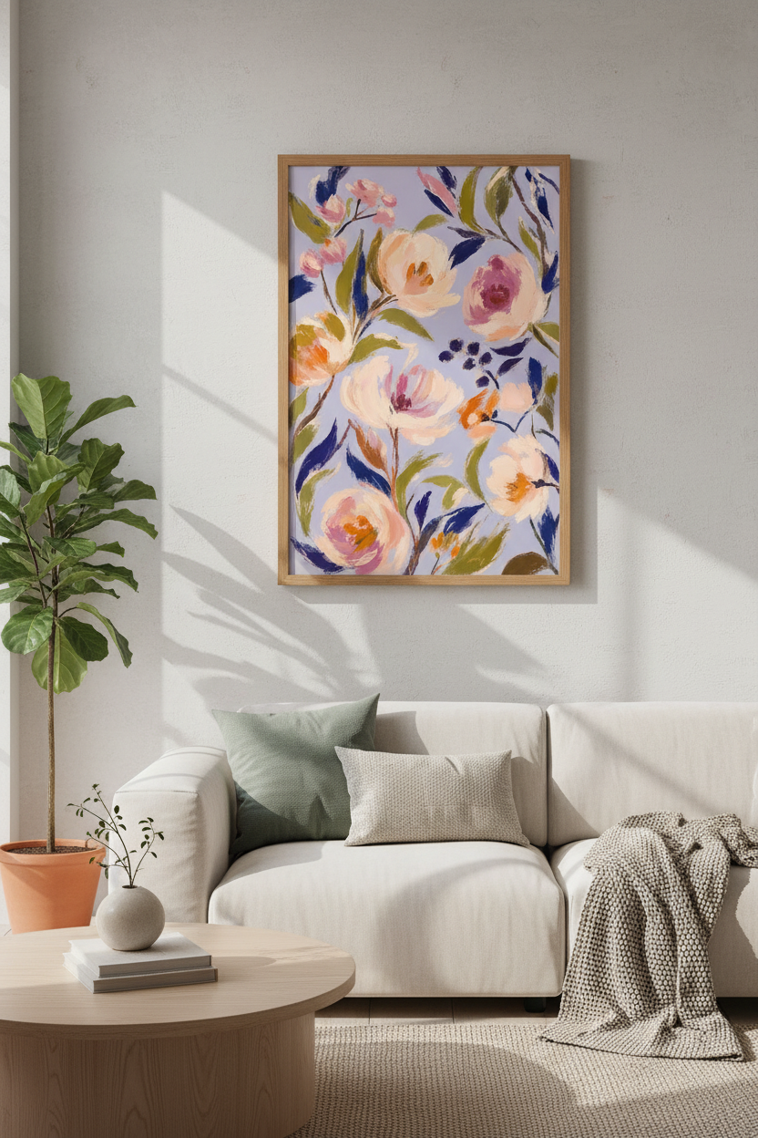 Abstract Floral Oil Painting | Pastel Lavender &amp; Pink Botanicals, Living Room Decor