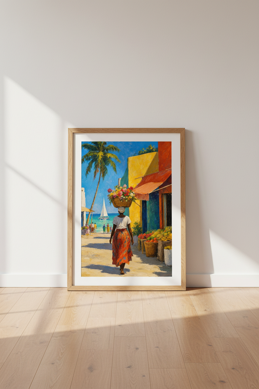 Caribbean Market Wall Art Print | Tropical Coastal Decor | Impressionist Poster