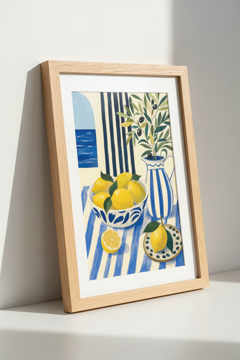 Mediterranean Lemon Still Life Wall Art | Blue White Coastal Decor | Kitchen Poster