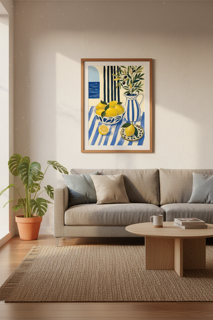 Mediterranean Lemon Still Life Wall Art | Blue White Coastal Decor | Kitchen Poster
