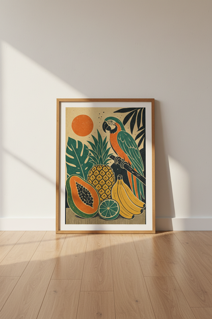 Tropical Macaw &amp; Fruit Wall Art | Linocut Style Jungle Poster, Kitchen Decor