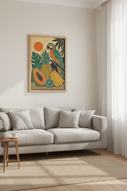 Tropical Macaw &amp; Fruit Wall Art | Linocut Style Jungle Poster, Kitchen Decor