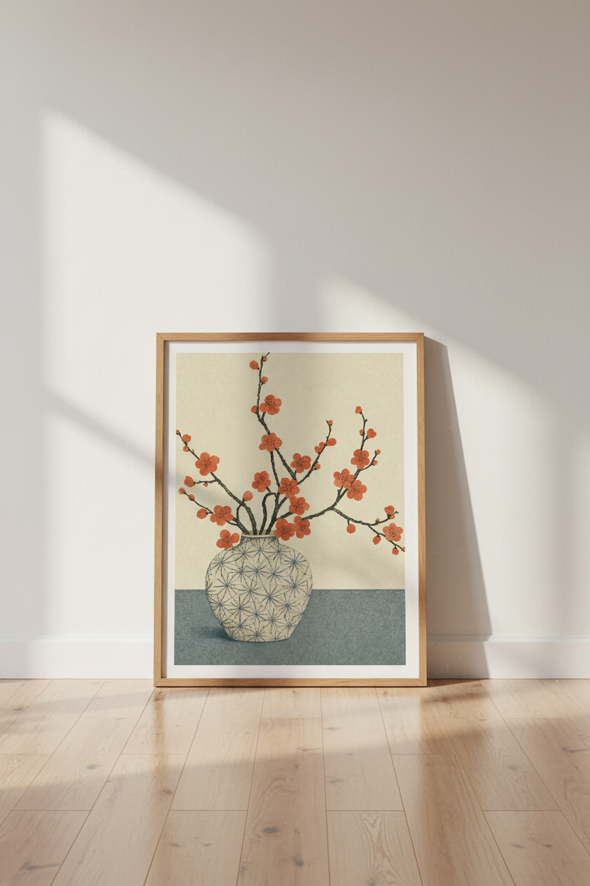 Japanese Cherry Blossom Art | Red Floral Vase Print, Zen Living Room Decor